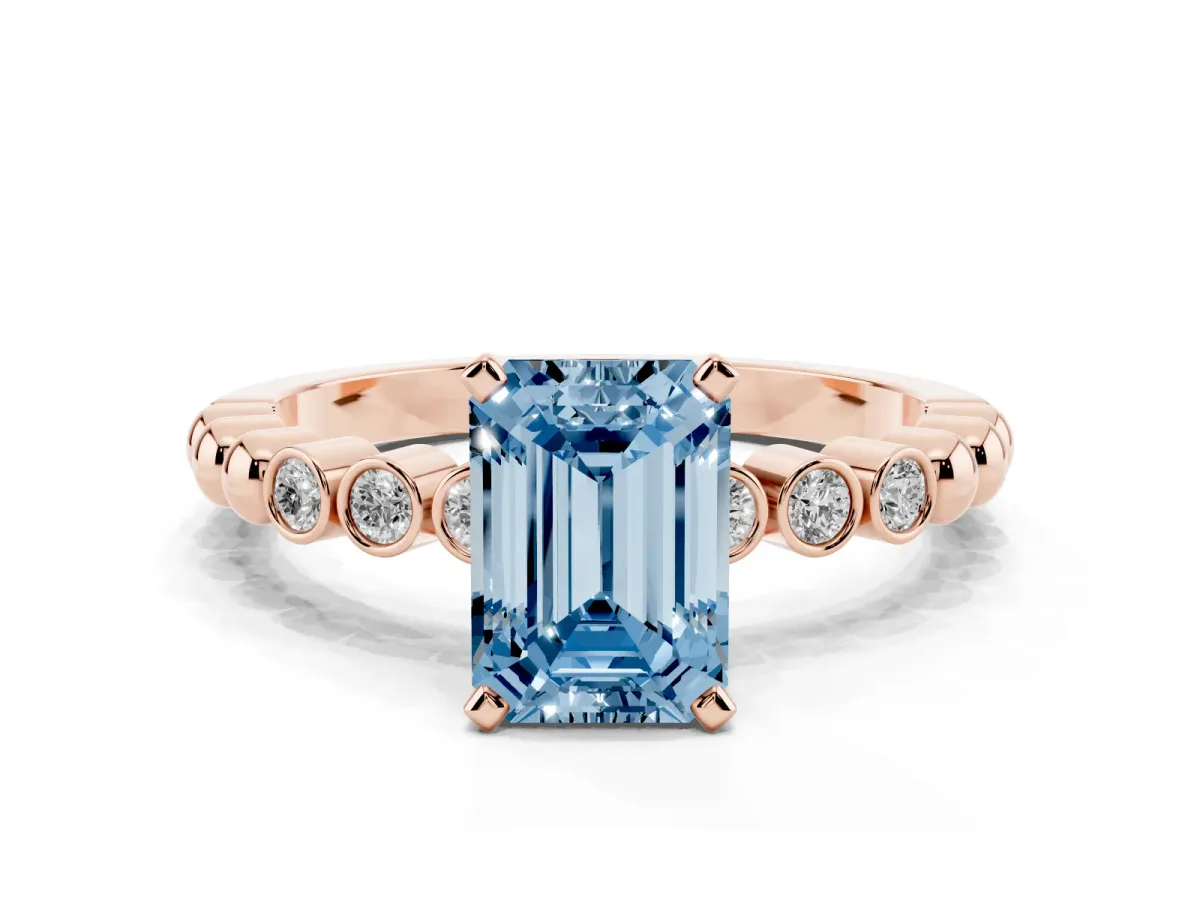 Fancy Blue Emerald Cut Solitaire Bezel Accent Diamond Engagement Ring with Beaded Band and Four-Prong Setting Rose gold