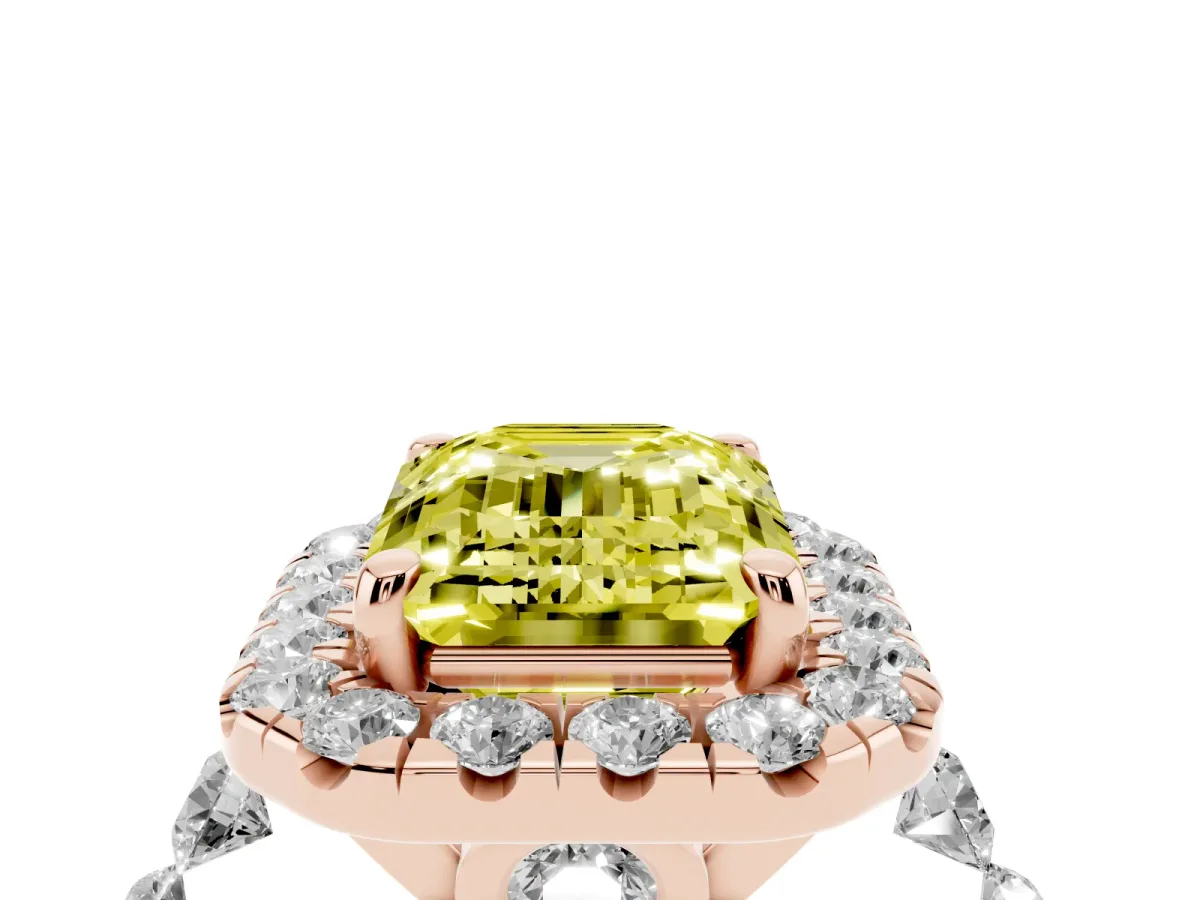Fancy Yellow Emerald Cut Halo Pavé Diamond Engagement Ring with Four-Prong Setting Rose gold