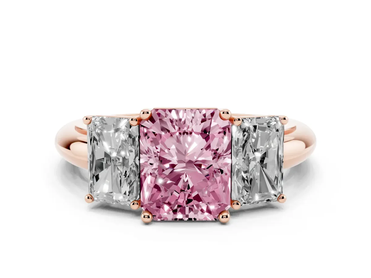 Fancy Pink Three-Stone Radiant Cut Cut Diamond Engagement Ring with Prong Setting on a White Gold Band Rose gold