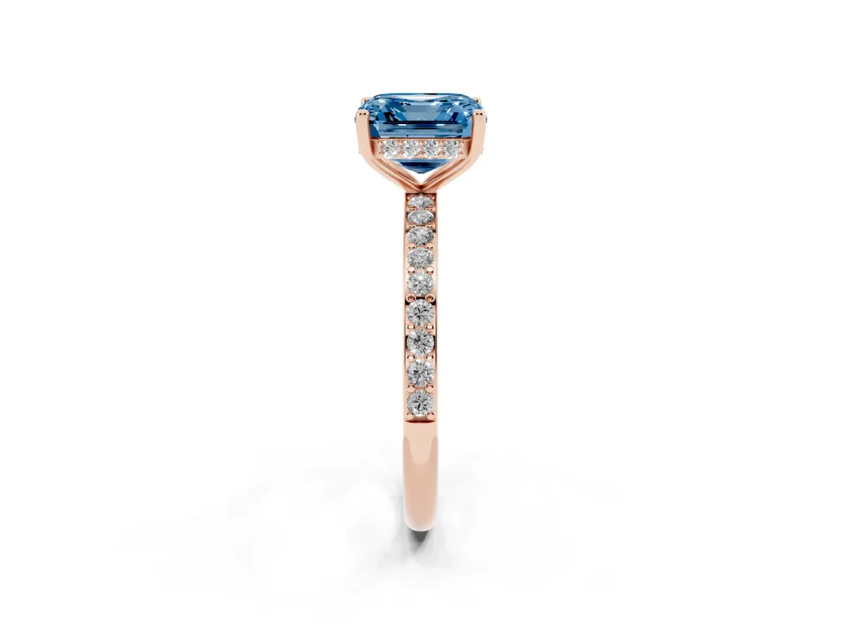 Fancy Blue Asscher Cut Cut Diamond Pavé Band Ring with Four-Prong Setting Rose gold