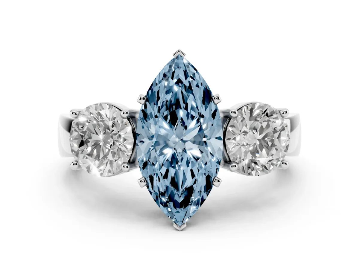 Fancy Blue Three-Stone Marquise Cut Diamond Ring with Round Side Stones, Classic Band, and Four-Prong Setting Platinum