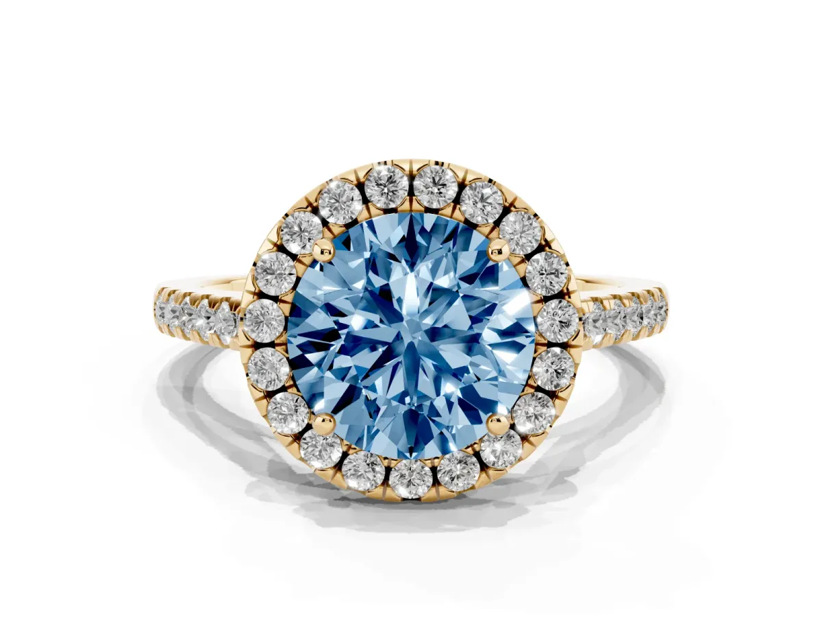 Fancy Blue Round Cut Halo Pavé Diamond Engagement Ring with Four-Prong Setting Yellow gold