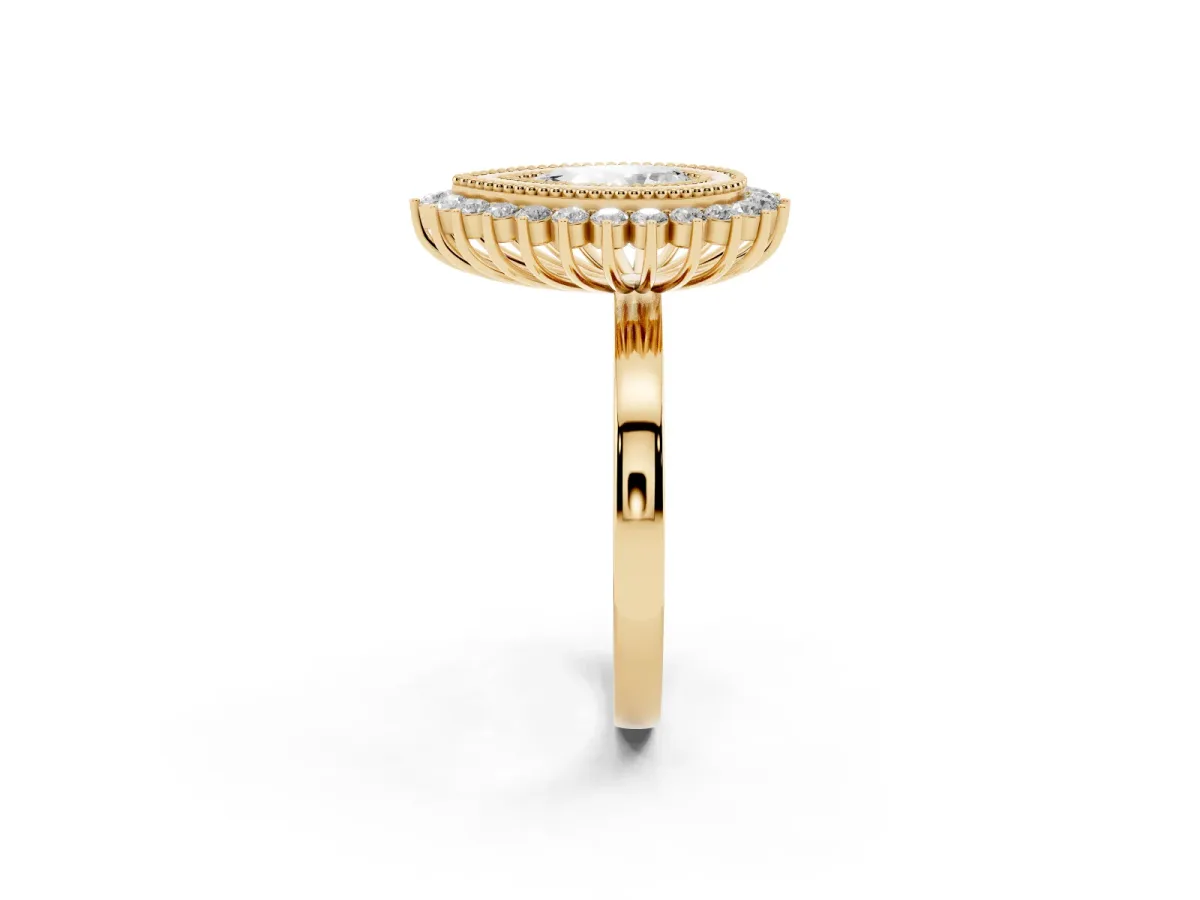 Pear Cut Halo Diamond Ring with Milgrain Edge and Round Prong Setting Yellow gold
