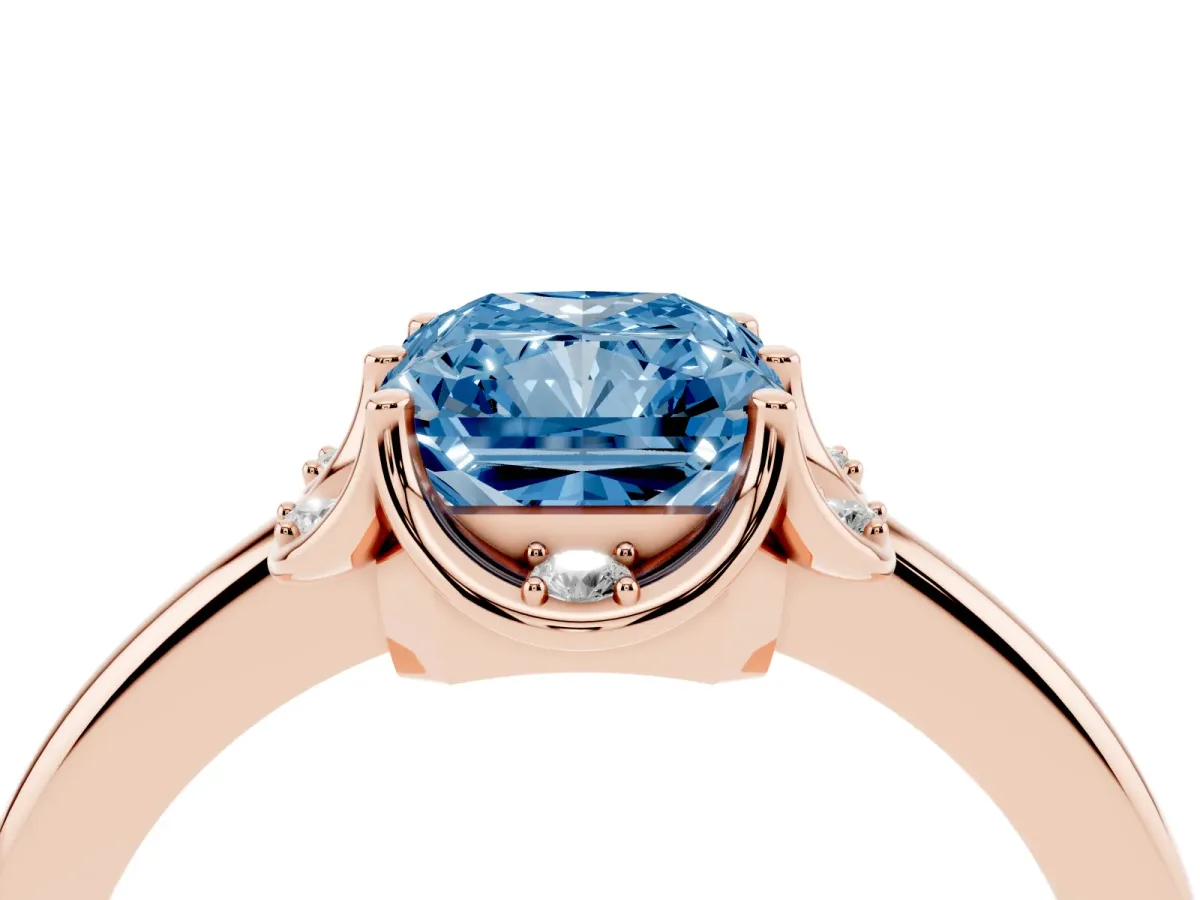 Fancy Blue Radiant Cut Halo Diamond Ring with Round Cluster Setting, Solitaire Band, and Four-Prong Setting Rose gold