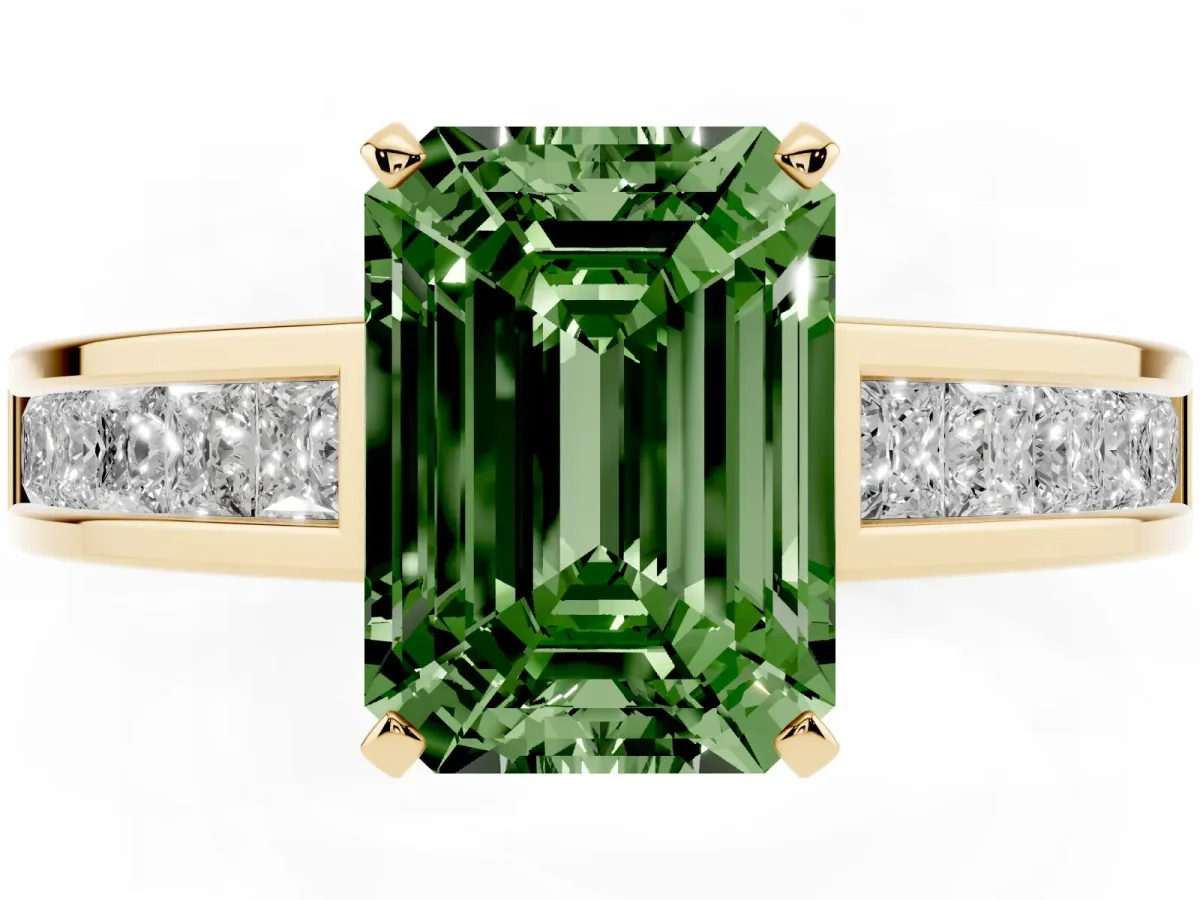 Fancy Green Emerald Cut Solitaire Diamond Ring with Channel-Set Band and Four-Prong Setting Yellow gold