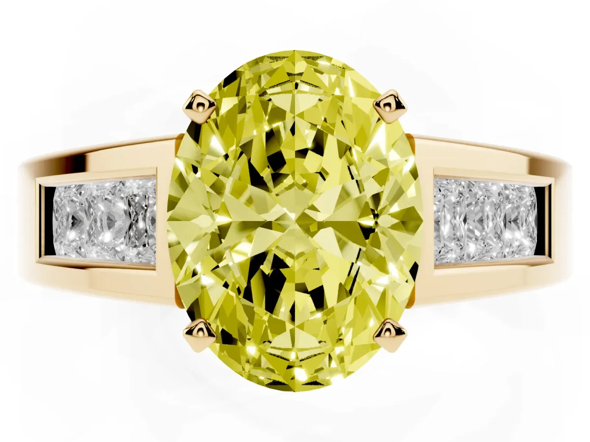 Fancy Yellow Oval Cut Cut Channel Set Solitaire Ring with Four-Prong Setting Yellow gold