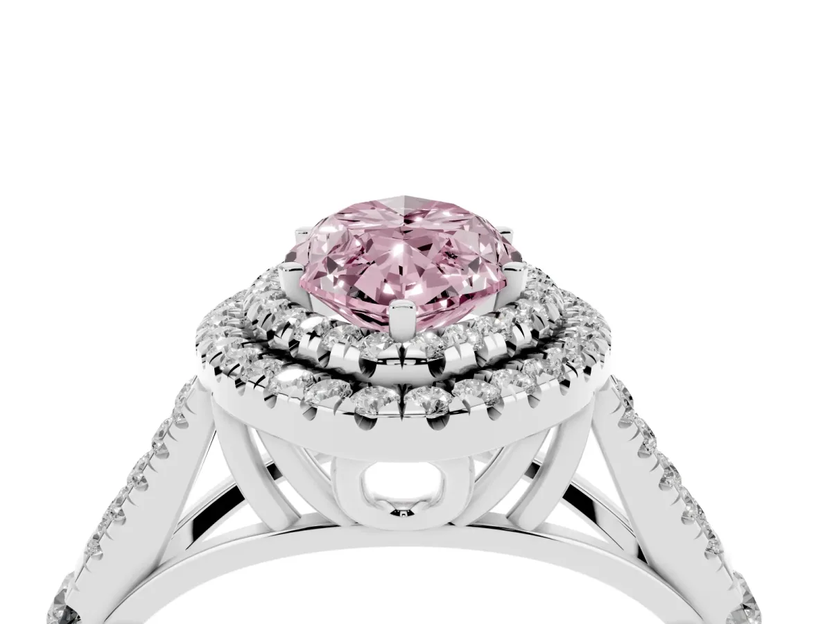 Fancy Pink Marquise Cut Cut Double Halo Split Shank Diamond Ring with Prong Setting Silver