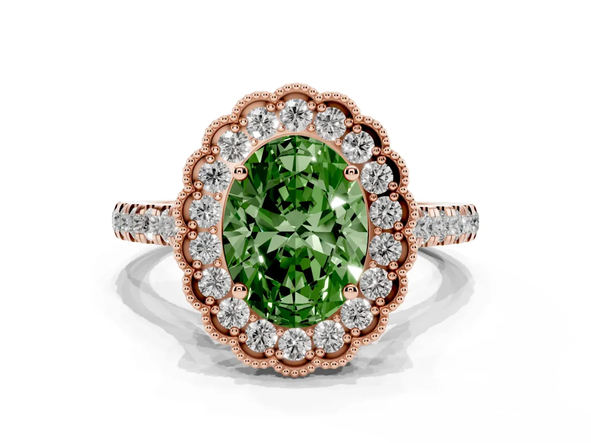Fancy Green Oval Cut Cut Diamond Milgrain Floral Halo Engagement Ring with Pavé Band Rose gold