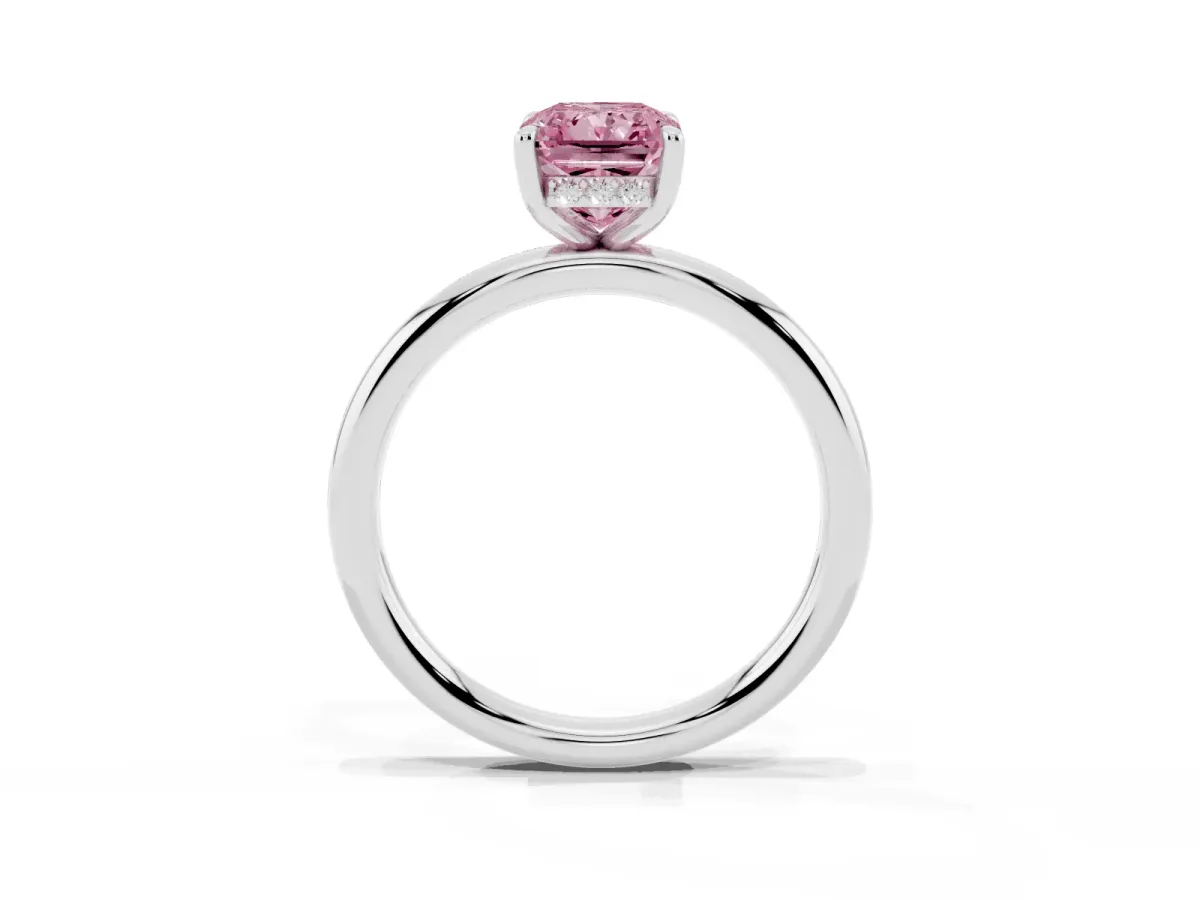 Fancy Pink Radiant Cut Diamond Solitaire Ring with Thin Band and Four-Prong Setting Silver