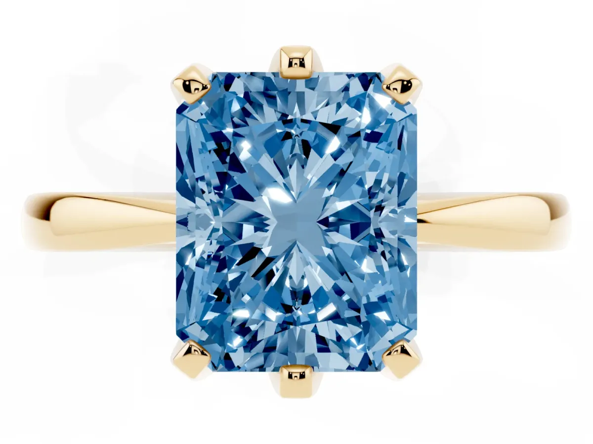 Fancy Blue Radiant Cut Solitaire Engagement Ring with Six-Prong Setting and Tapered Band Yellow gold