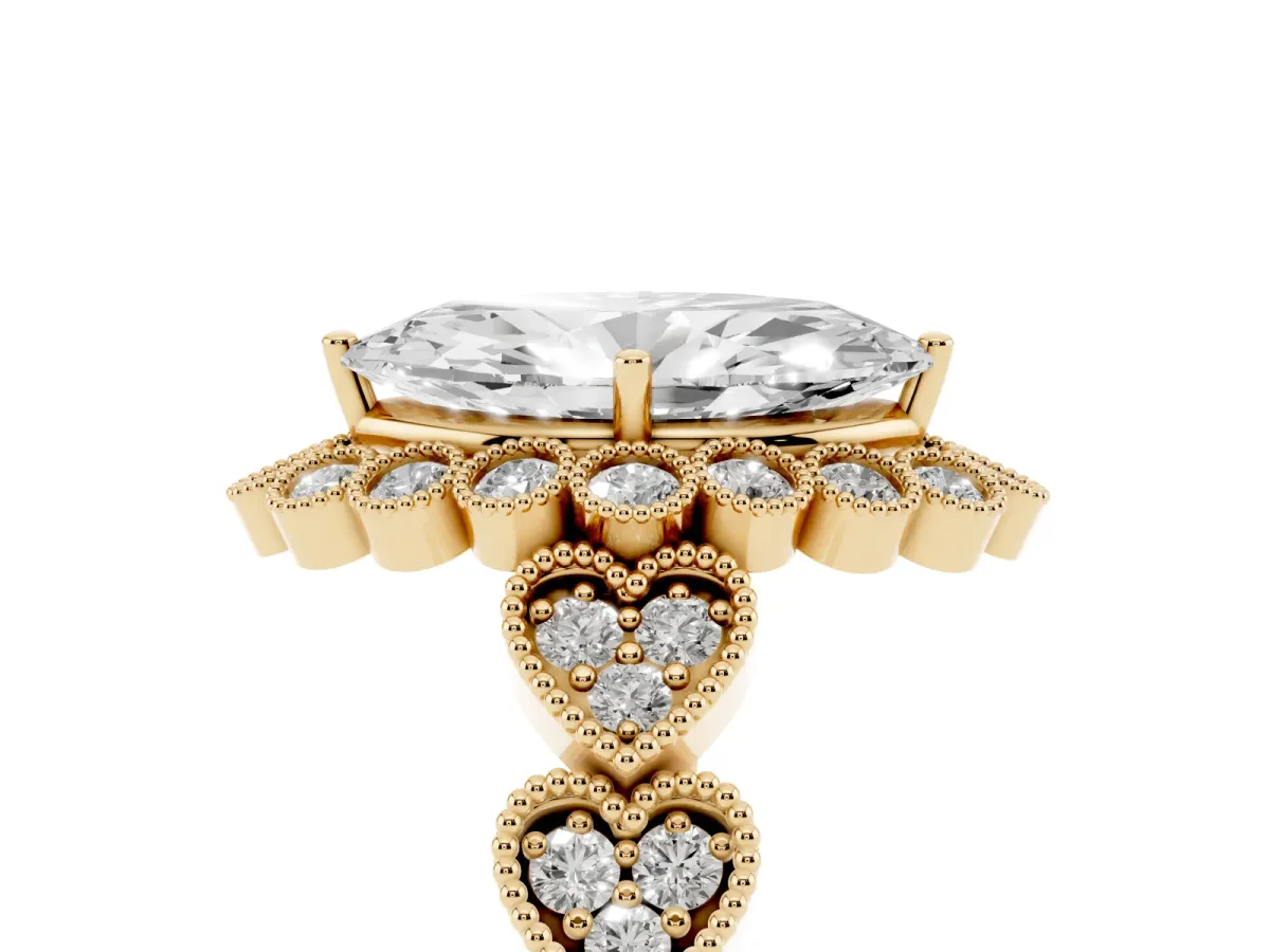 Marquise Cut Brilliant Milgrain Pave Heart Band Solitaire Ring Yellow gold