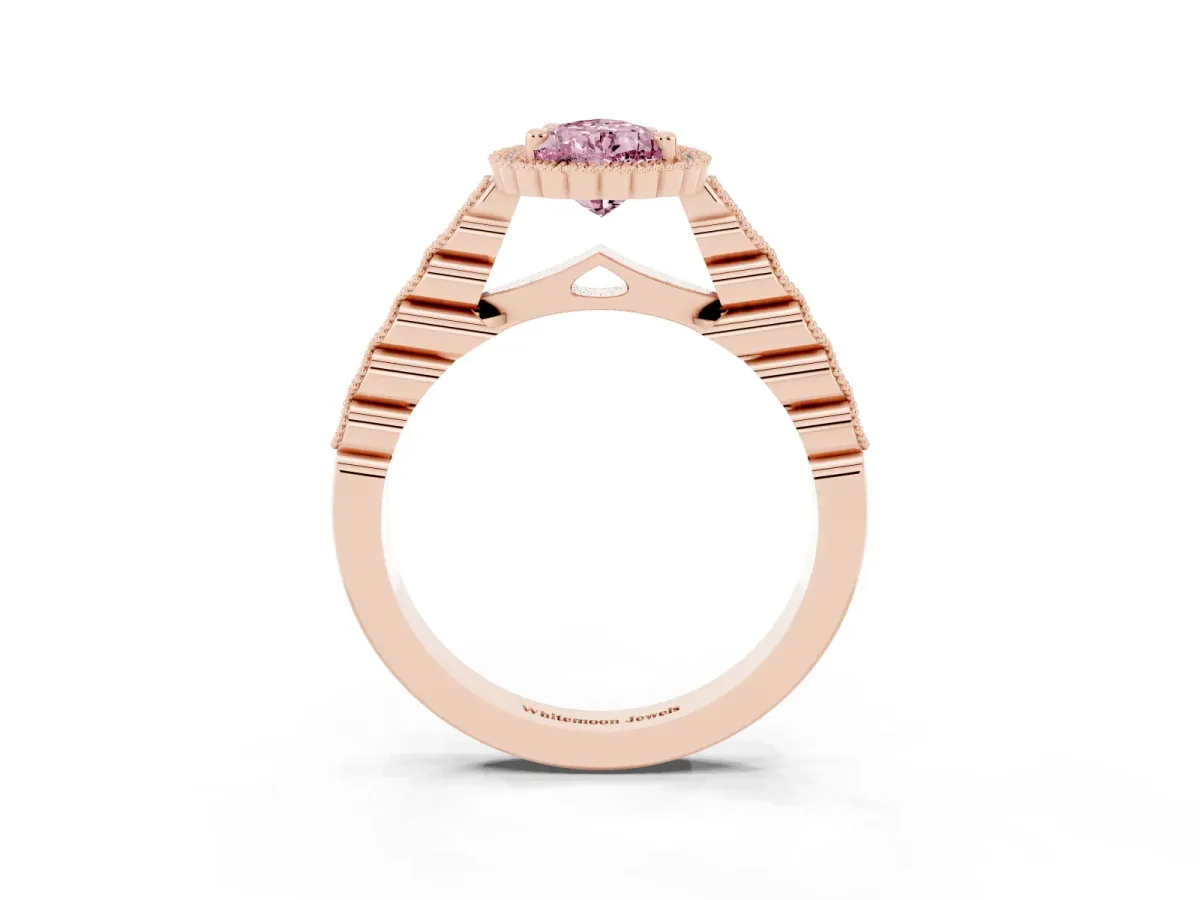 Fancy Pink Pear Cut Cut Halo Pavé Solitaire Ring with Milgrain Band Rose gold
