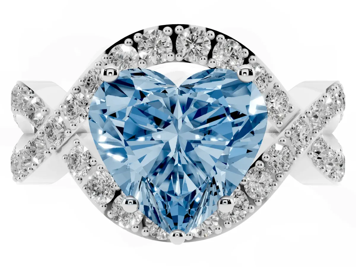 Fancy Blue Heart Cut Solitaire Twist Band Pavé Diamond Engagement Ring Silver