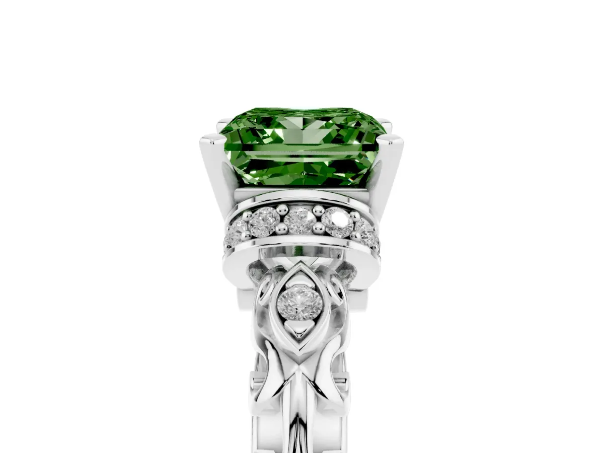 Fancy Green Princess Cut Diamond Solitaire Ring with Filigree Band and Four-Prong Setting Silver