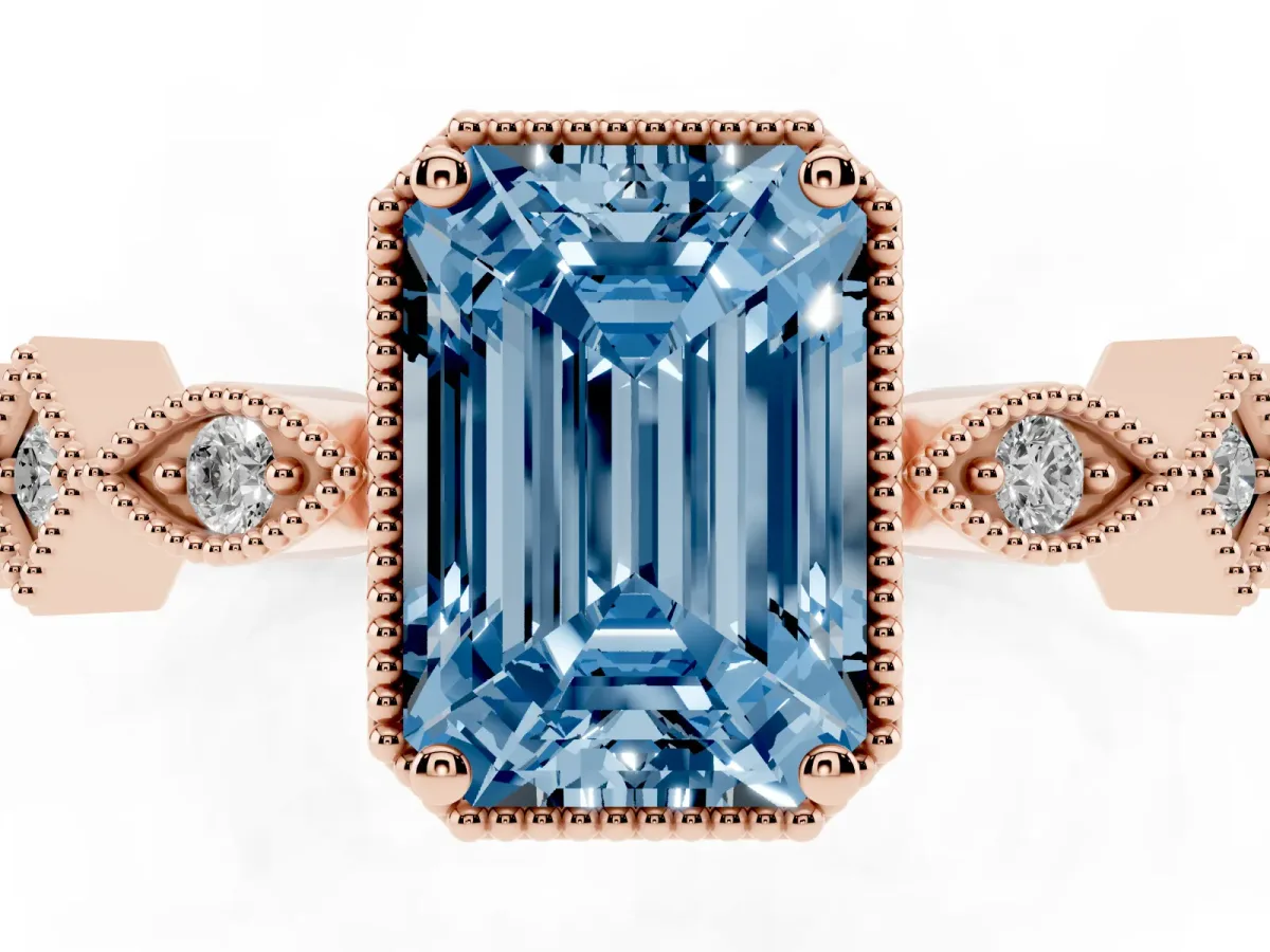 Fancy Blue Emerald Cut Milgrain Marquise Diamond Twist Band Ring Rose gold