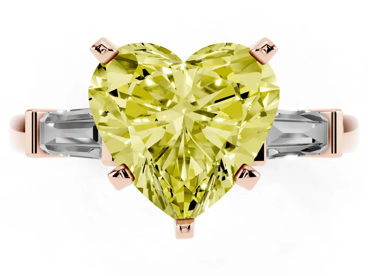 Fancy Yellow Heart Cut Cut Diamond Solitaire Ring with Tapered Baguette Accents and Four-Prong Setting Rose gold