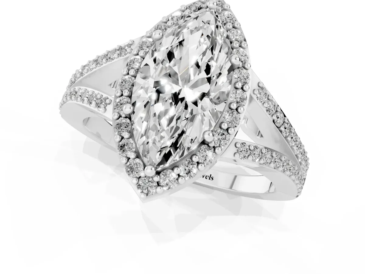 Marquise Cut Halo Split Shank Diamond Ring with Prong Setting Silver