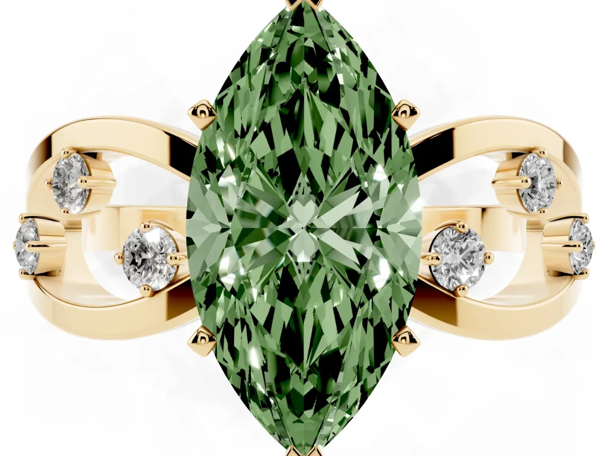 Fancy Green Marquise Cut Cut Solitaire Diamond with Side Stones on Criss-Cross Band and Four-Prong Setting Yellow gold