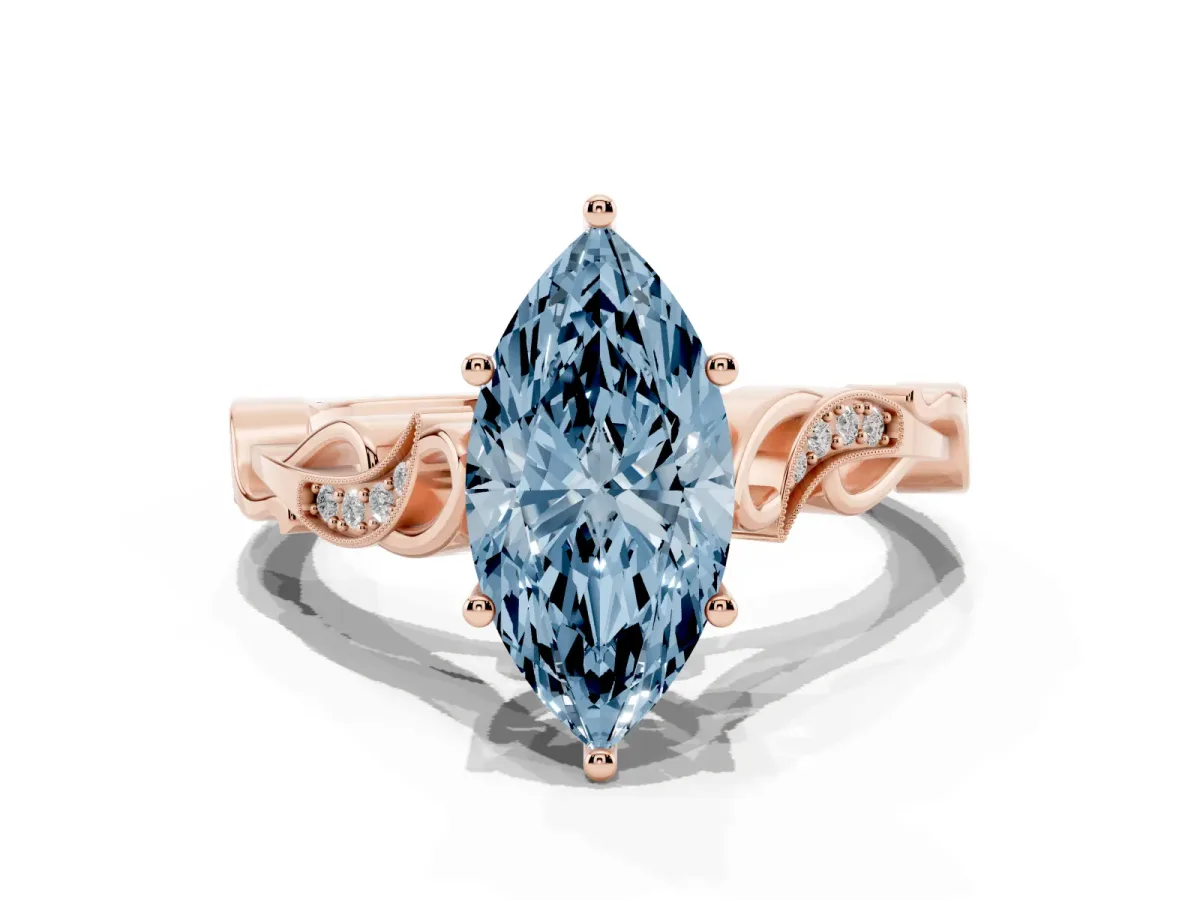 Fancy Blue Marquise Cut Solitaire Vine Band with Milgrain Prong Setting Rose gold