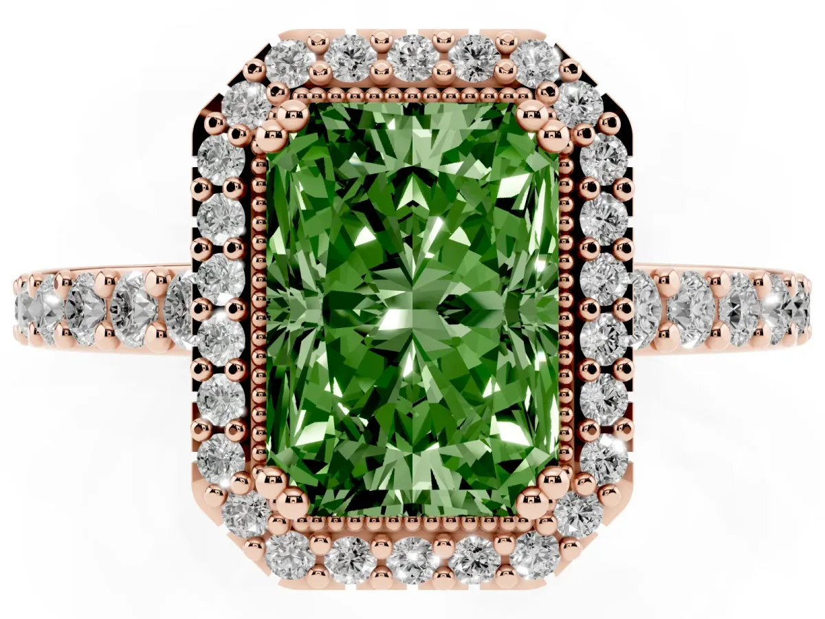 Fancy Green Radiant Cut Cut Diamond Halo Engagement Ring with Milgrain Detail and Pavé Band Rose gold
