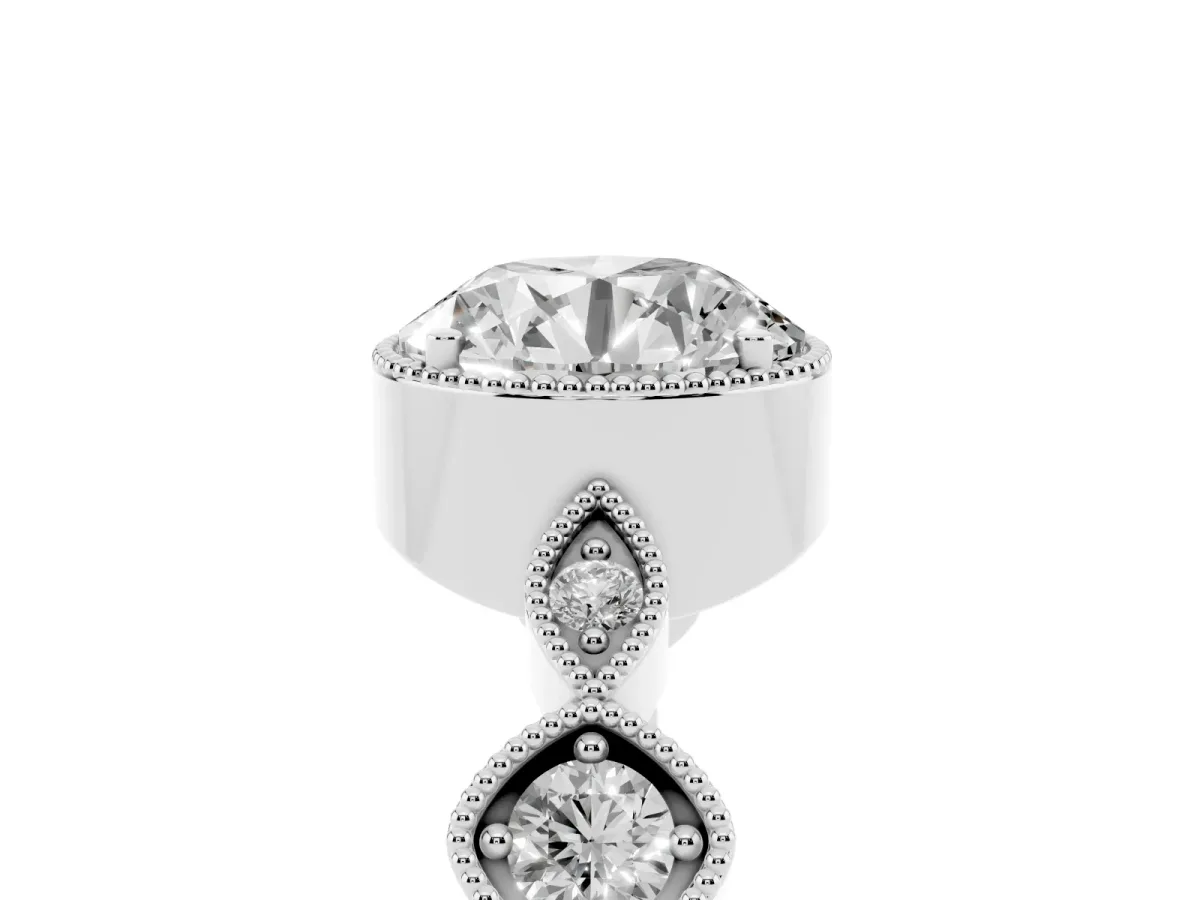 Round Cut Diamond Vintage Milgrain Ring with Round Stations Platinum