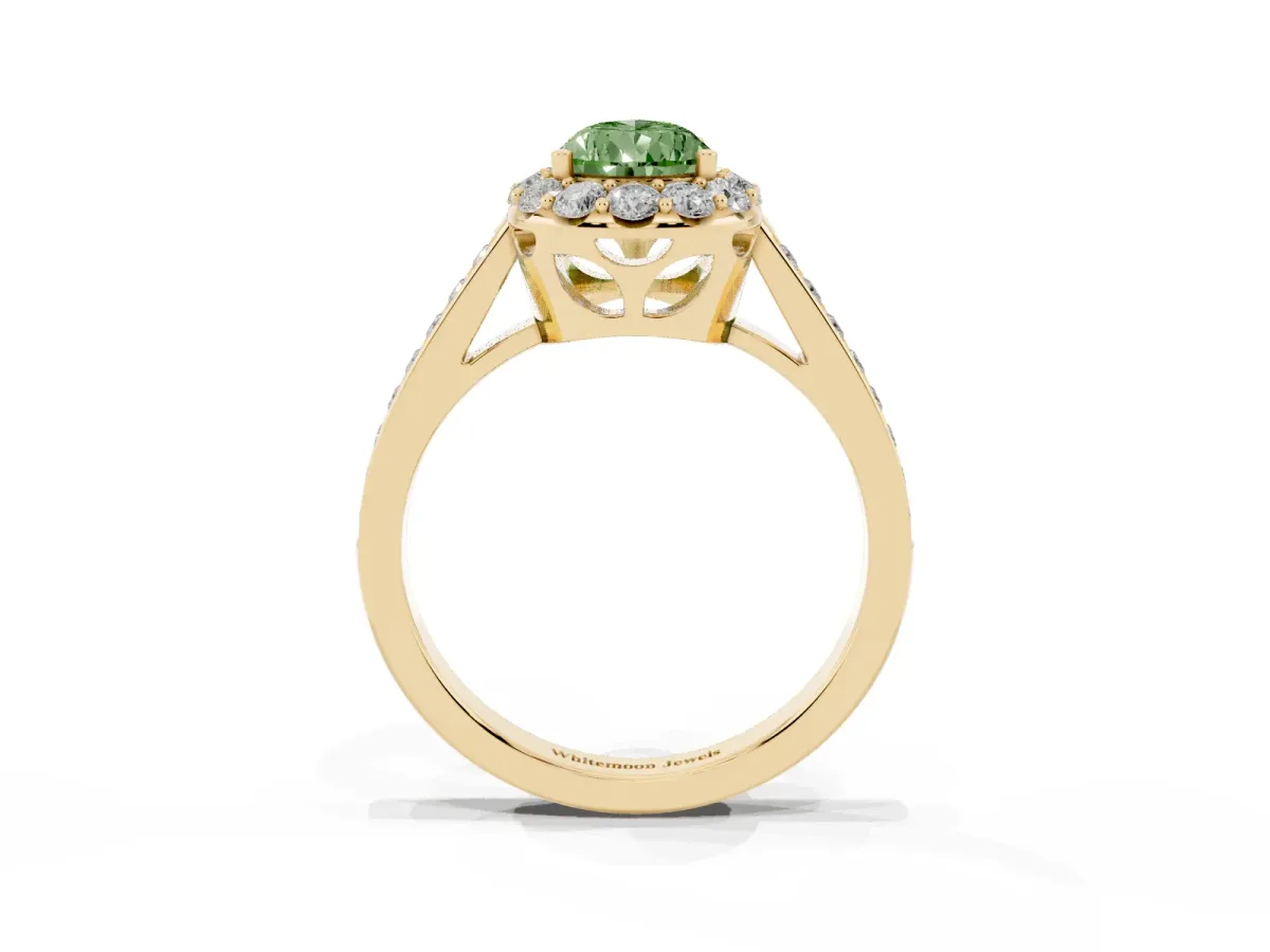Fancy Green Pear Cut Diamond Floral Halo Ring with Pavé Band and Prong Setting Yellow gold