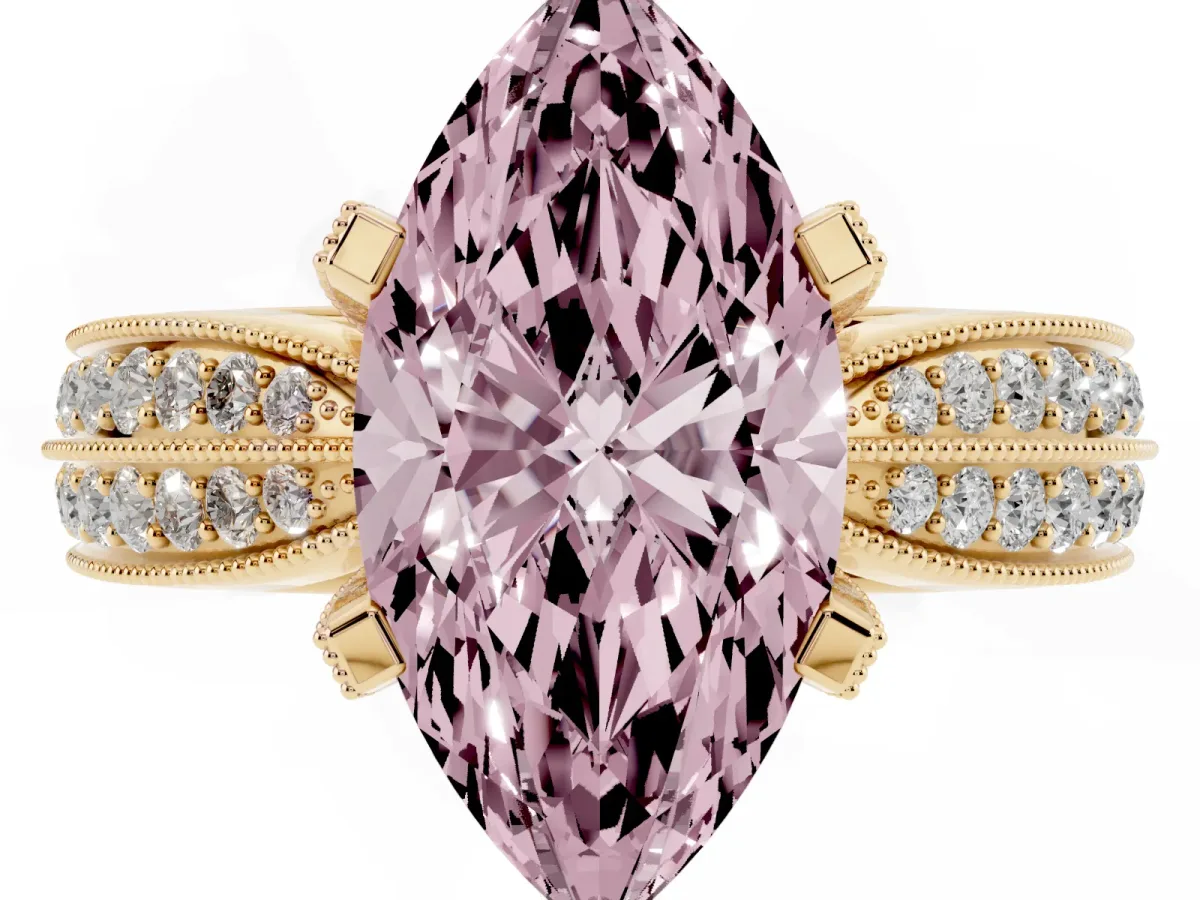 Fancy Pink Marquise Cut Diamond Solitaire Ring with Milgrain Round Pavé Band and Prong Setting Yellow gold