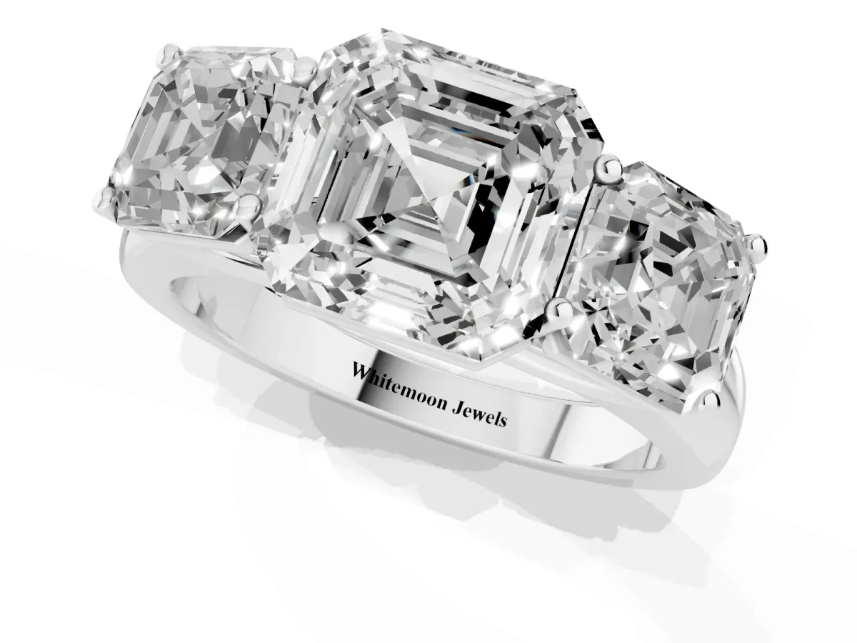 Asscher Cut Three-Stone Diamond Ring with Prong Setting on a Classic Band Platinum