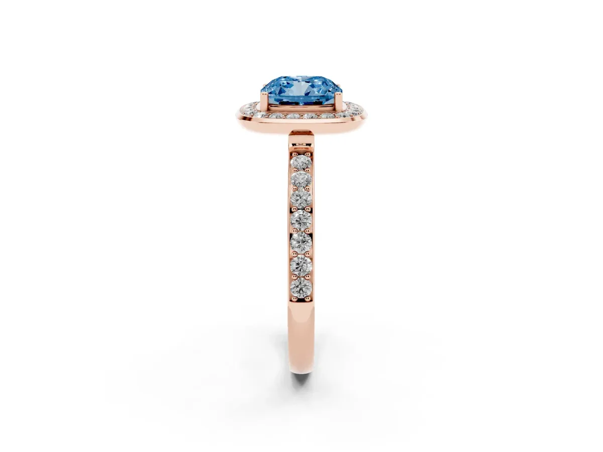 Fancy Blue Cushion Cut Diamond Halo Ring with Bezel Frame and Pavé Band Rose gold