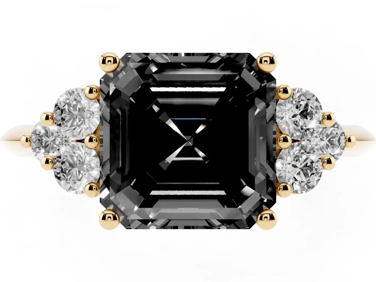 Fancy Black Asscher Cut Cut Diamond Cluster Ring with Solitaire Band and Four-Prong Setting Yellow gold