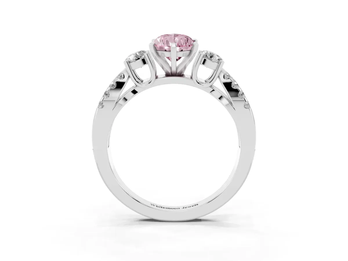 Fancy Pink Pear Cut Diamond Three-Stone Ring with Pavé Split Shank and Four-Prong Setting Silver