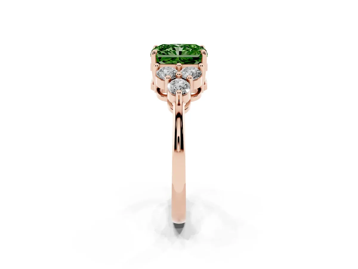 Fancy Green Radiant Cut Brilliant Diamond Cluster Accent Solitaire Ring with Prong Setting Rose gold