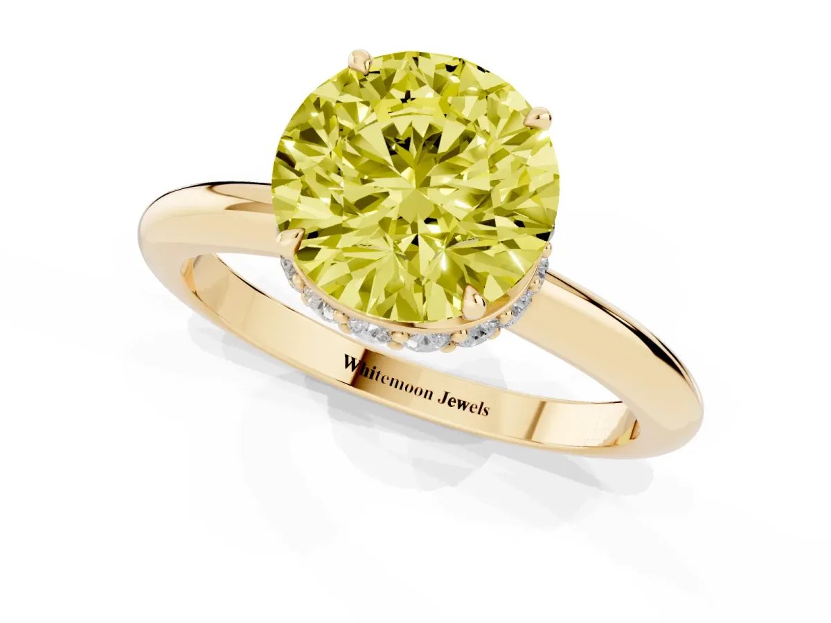 Fancy Yellow Round Cut Brilliant Solitaire Engagement Ring with Six-Prong Setting and Classic Band Yellow gold