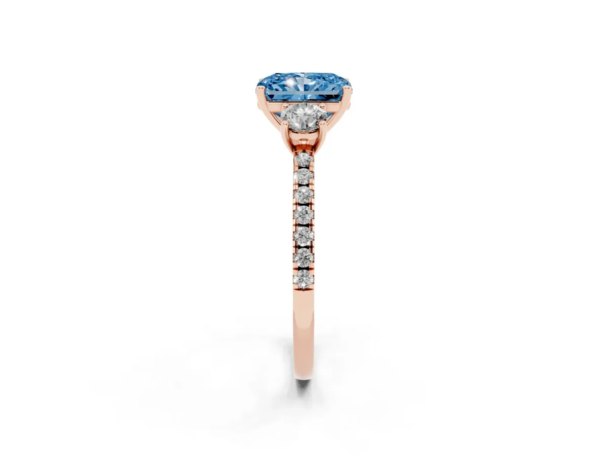 Fancy Blue Three-Stone Radiant Cut Cut Diamond Pavé Band with Prong Setting Rose gold