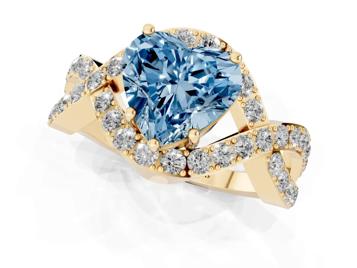 Fancy Blue Heart Cut Solitaire Twist Band Pavé Diamond Engagement Ring Yellow gold