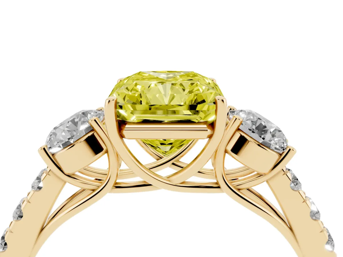 Fancy Yellow Radiant Cut Cut Diamond Three-Stone Ring with Round Side Stones and Pavé Band Yellow gold