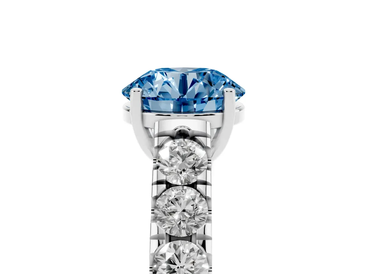 Fancy Blue Round Cut Cut Diamond Solitaire Ring with Micro Pave Band and Prong Setting Silver