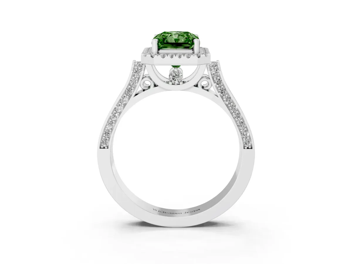 Fancy Green Radiant Cut Halo Round Diamond Twist Band with Four-Prong Setting White gold