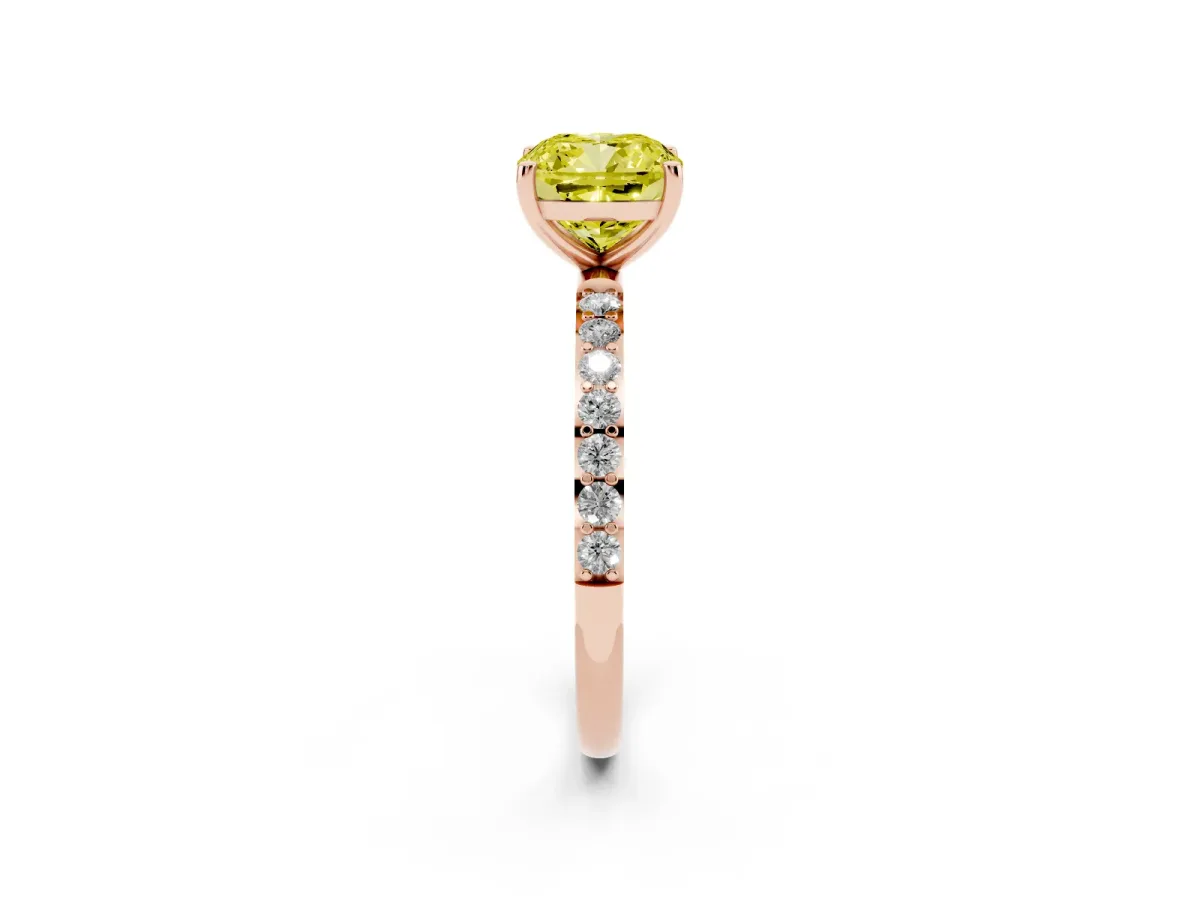 Fancy Yellow Cushion Cut Diamond Solitaire Ring with Round Pavé Shoulders and Prong Setting Rose gold