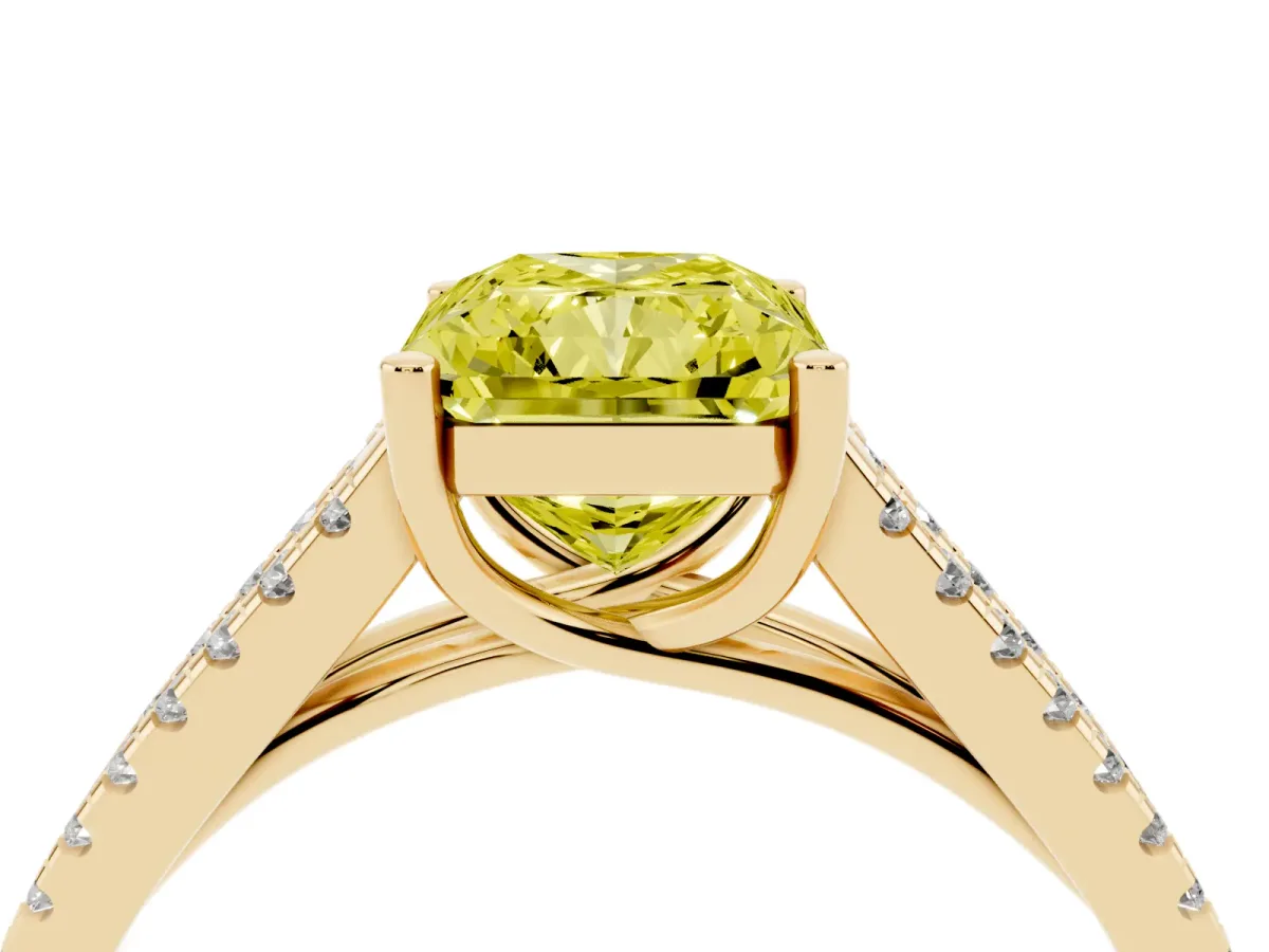 Fancy Yellow Radiant Cut Diamond Solitaire Engagement Ring with Split Shank Pavé Band Yellow gold