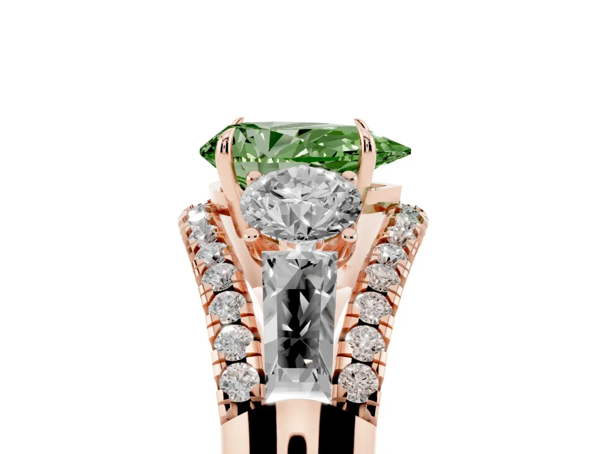 Fancy Green Three-Stone Pear Cut Diamond Engagement Ring with Pave Band and Prong Setting Rose gold