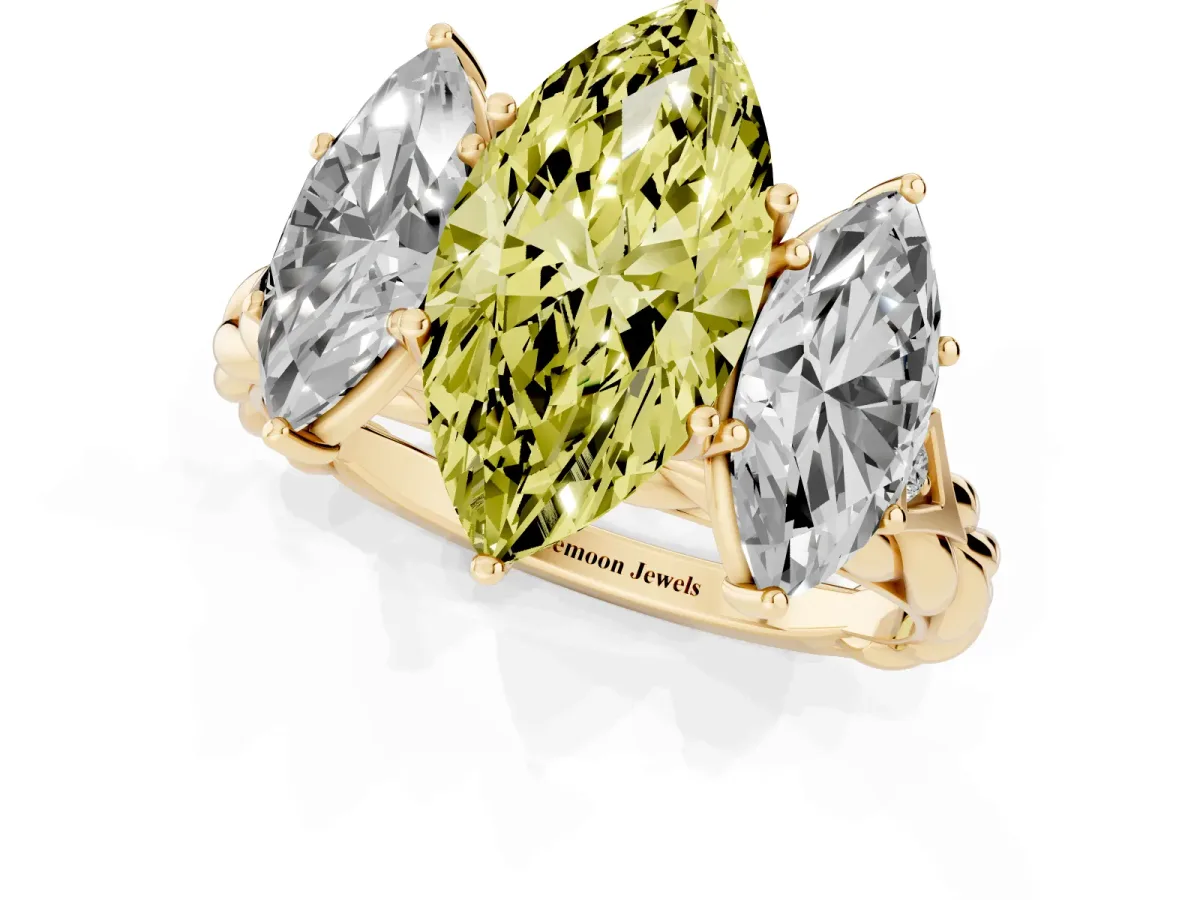Fancy Yellow Three-Stone Marquise Cut Diamond Braided Band Ring with Four-Prong Setting Yellow gold