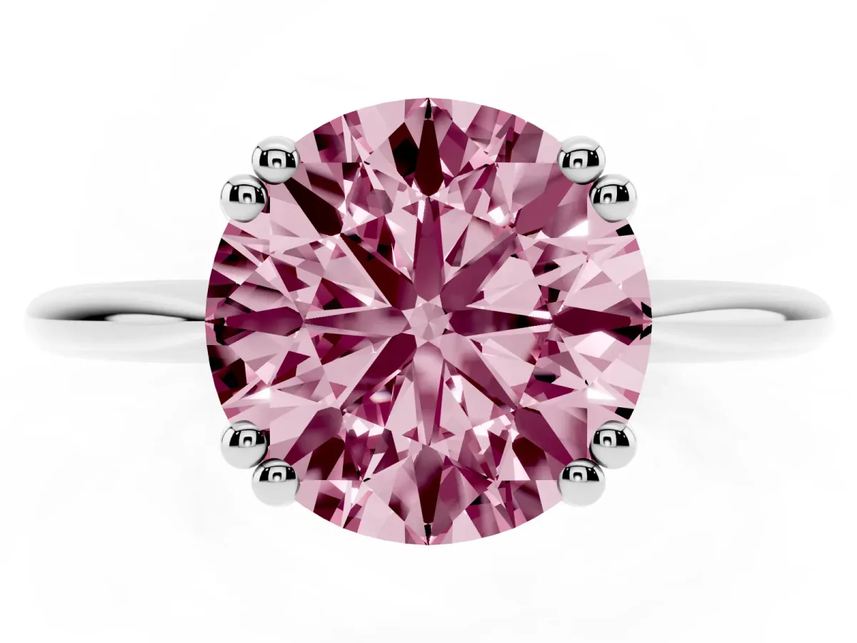 Fancy Pink Round Cut Solitaire Diamond Ring with Six-Prong Setting and Classic Band Silver