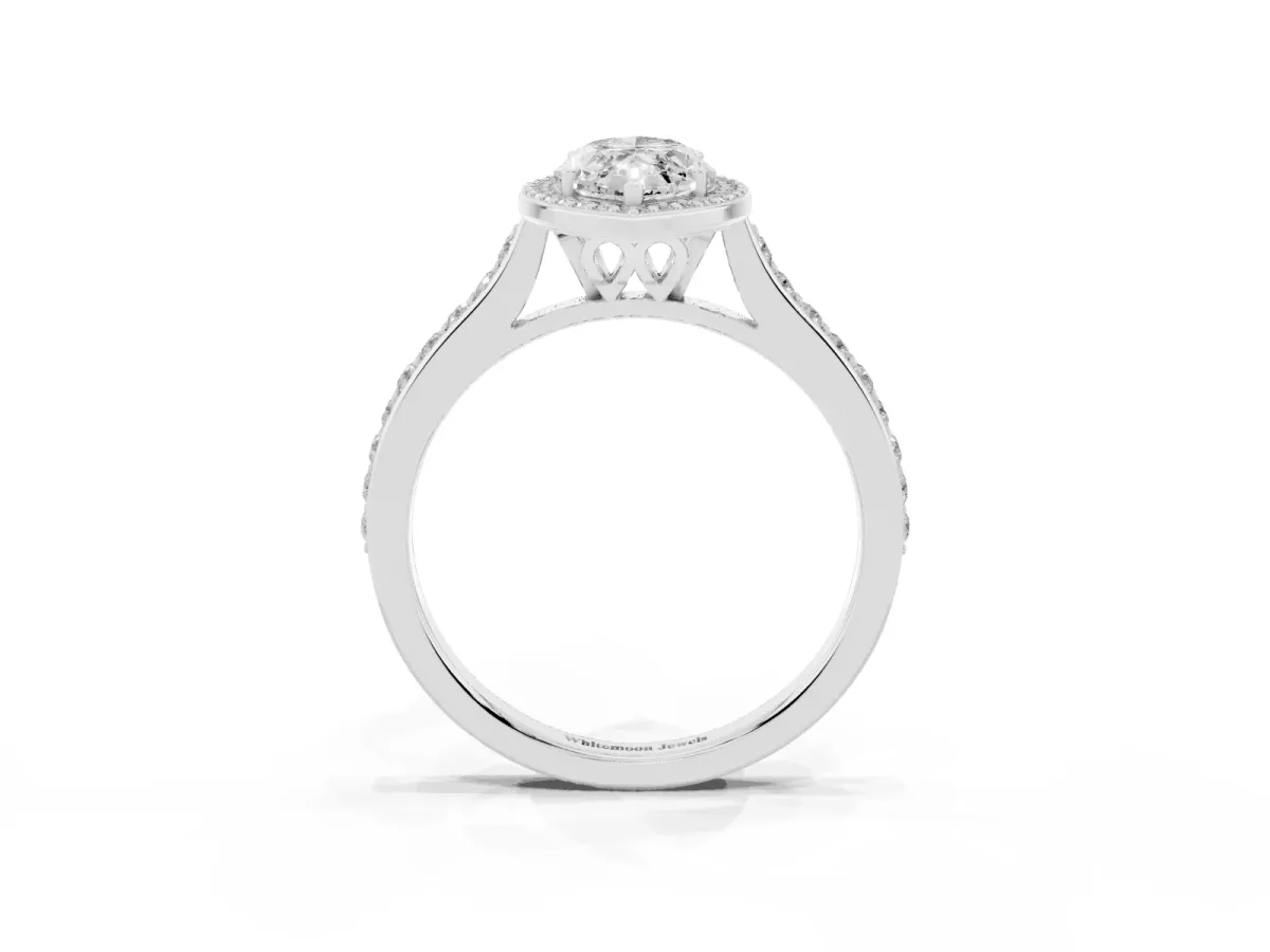 Marquise Cut Diamond Halo Engagement Ring with Round Pavé Shoulders and Prong Setting Platinum
