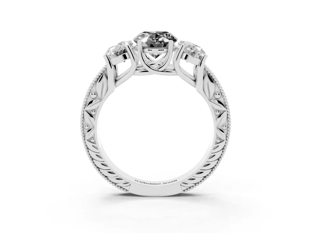 Fancy Black Three-Stone Oval Cut Cut Milgrain Pavé Engagement Ring White gold