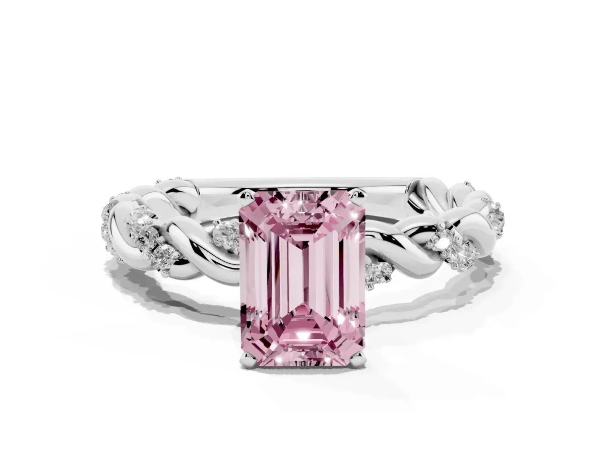 Fancy Pink Emerald Cut Diamond Solitaire Ring with Twisted Band and Pavé Accents Platinum