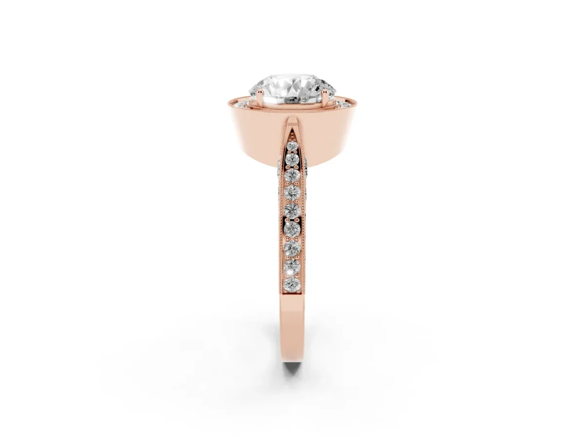 Round Cut Halo Diamond Engagement Ring with Split Shank Band and Four-Prong Setting Rose gold