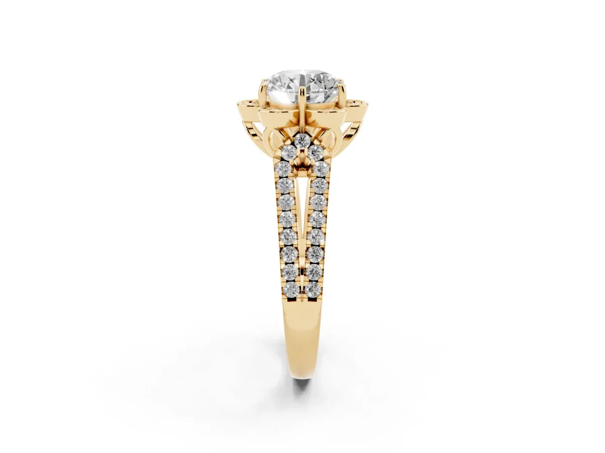 Round Cut Halo Diamond Floral Split Shank Engagement Ring Yellow gold