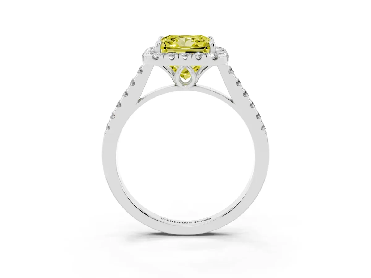 Fancy Yellow Princess Cut Halo Pavé Diamond Engagement Ring with Four-Prong Setting Silver