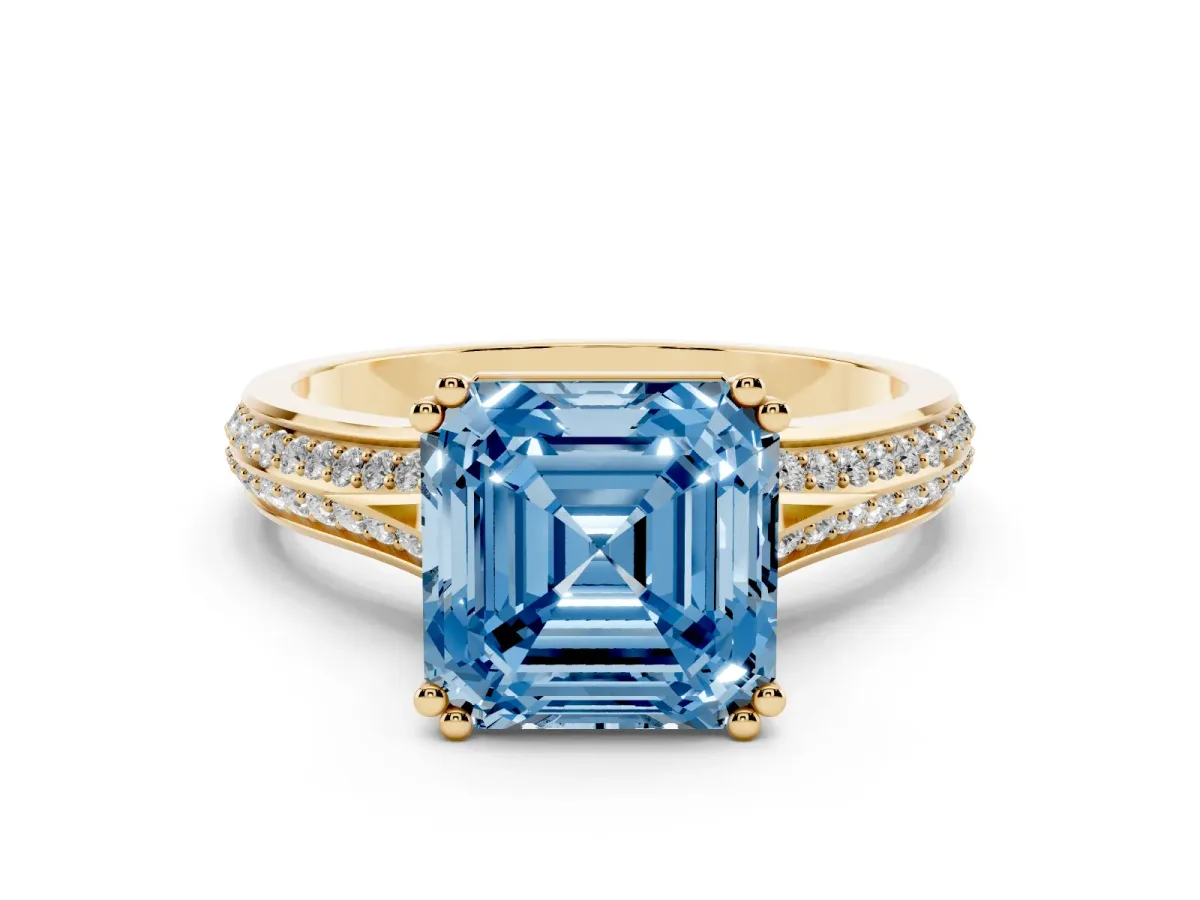 Fancy Blue Asscher Cut Diamond Split Shank Engagement Ring with Pavé Band Yellow gold